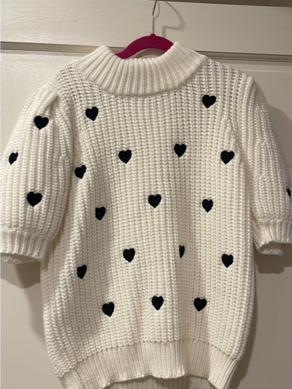 English Factory White Chunky Knit Turtleneck Sweater with Black Hearts